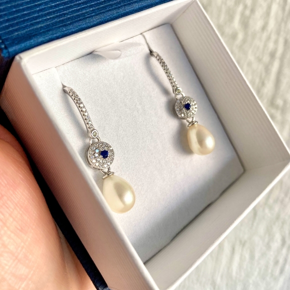 Vintage Style 925S Zirconia And Real Freshwater Drop Pearl Dangle Hook Earrings - Picture 2 of 12